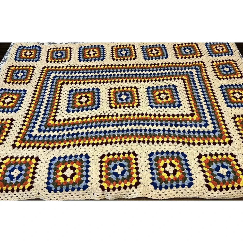 Grandma Decor Square Handmade‎ Crochet Quilt Afghan Throw Colorful Cream Border